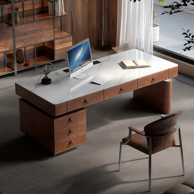 Bureau en bois fritté de luxe moderne 55,12 po avec incrustation de cuir de selle et base en bois massif, armoire latérale incluse