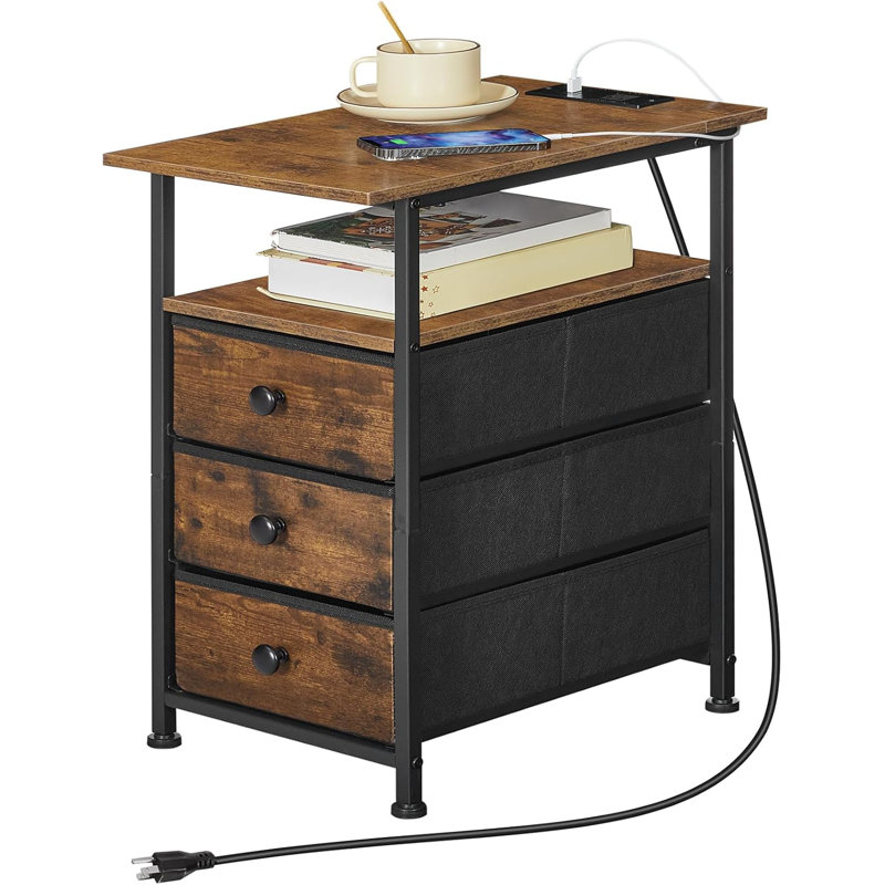 Table d'appoint rustique avec station de charge, tiroirs en tissu, tablettes ouvertes pour petits espaces