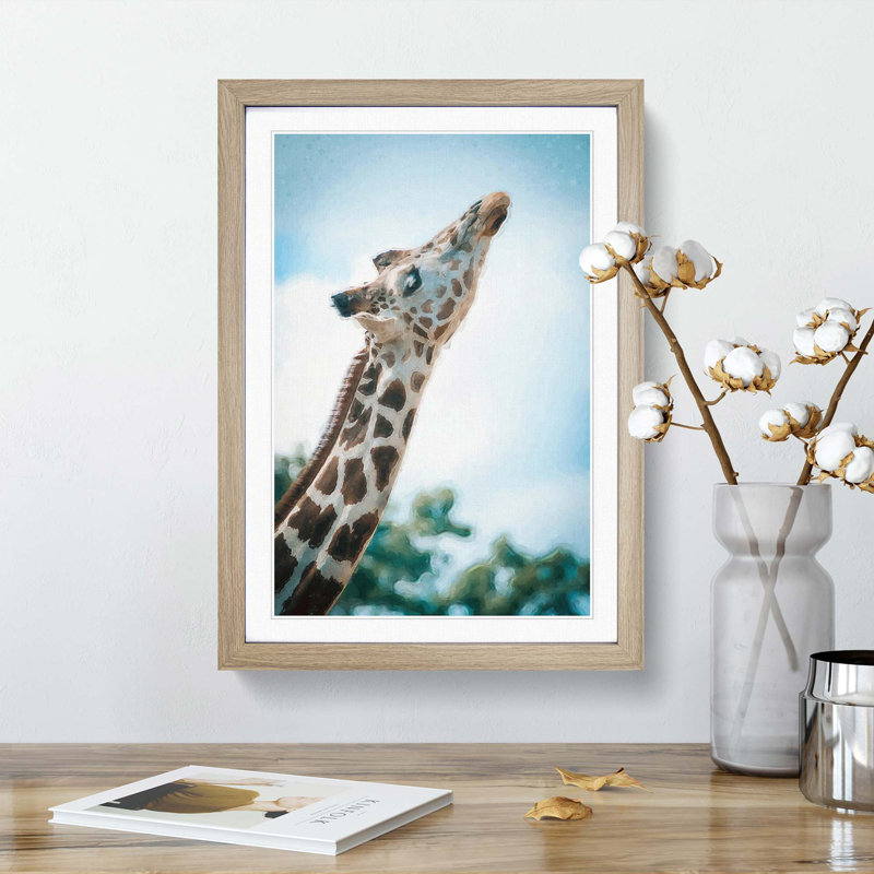 Stretching Giraffe - Framed Print, 65cm H x 48cm W x 2cm D, Oak Framed