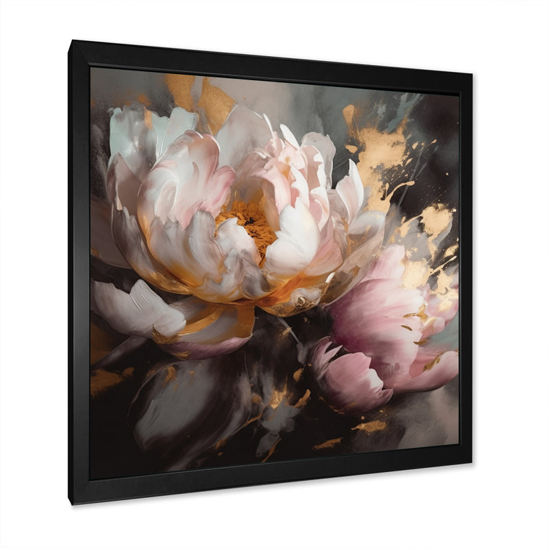 Marbre rose doré, pivoine V, reproduction d'art sur toile, Cadre photo noir, H 24 po x l 24 po