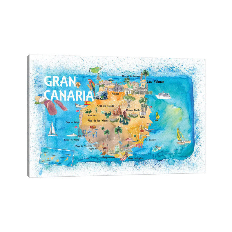 Gran Canary Canarias Spain Illustrated Map With Landmarks And Highlights by Markus & Martina Bleichner - Wrapped Canvas Painting