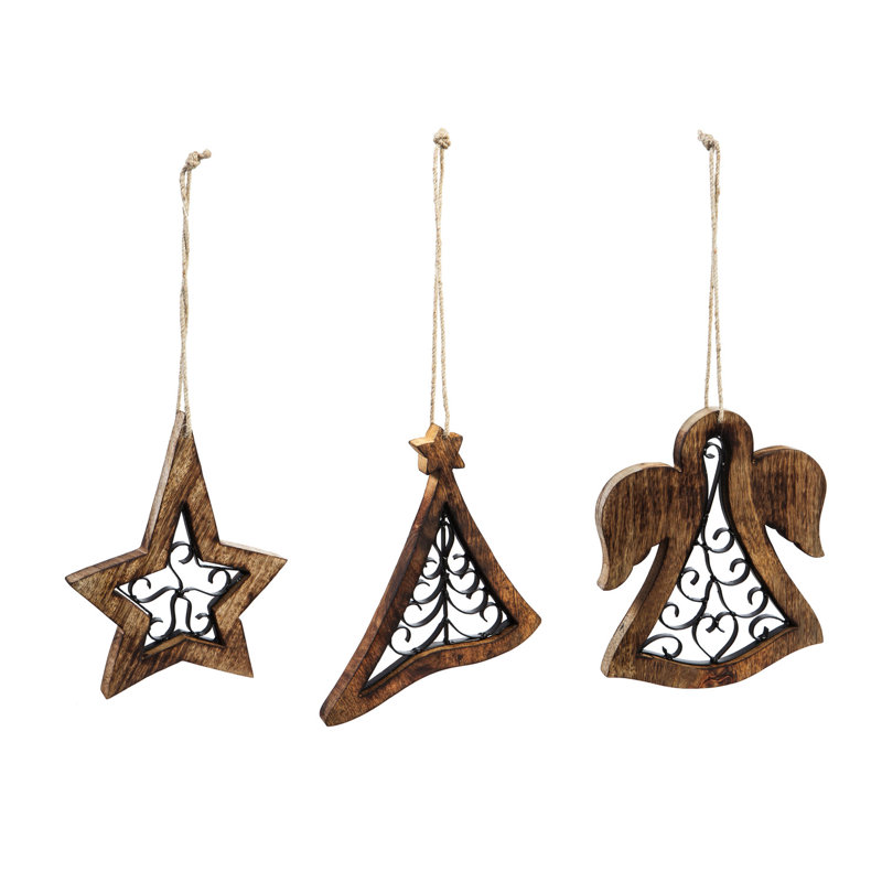 Ensemble 3 pièces d’ornement en métal et en bois étoile/ange de noël