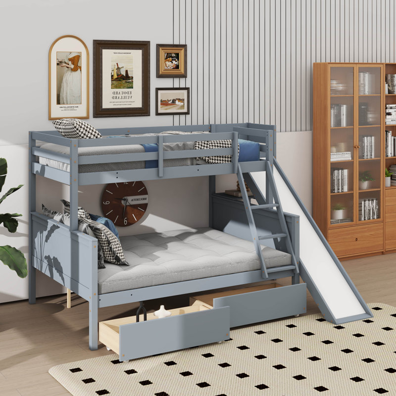 Lit superposé simple au-dessus d'un lit double avec rangement pour tiroir coulissant et tablettes intégrées, gris