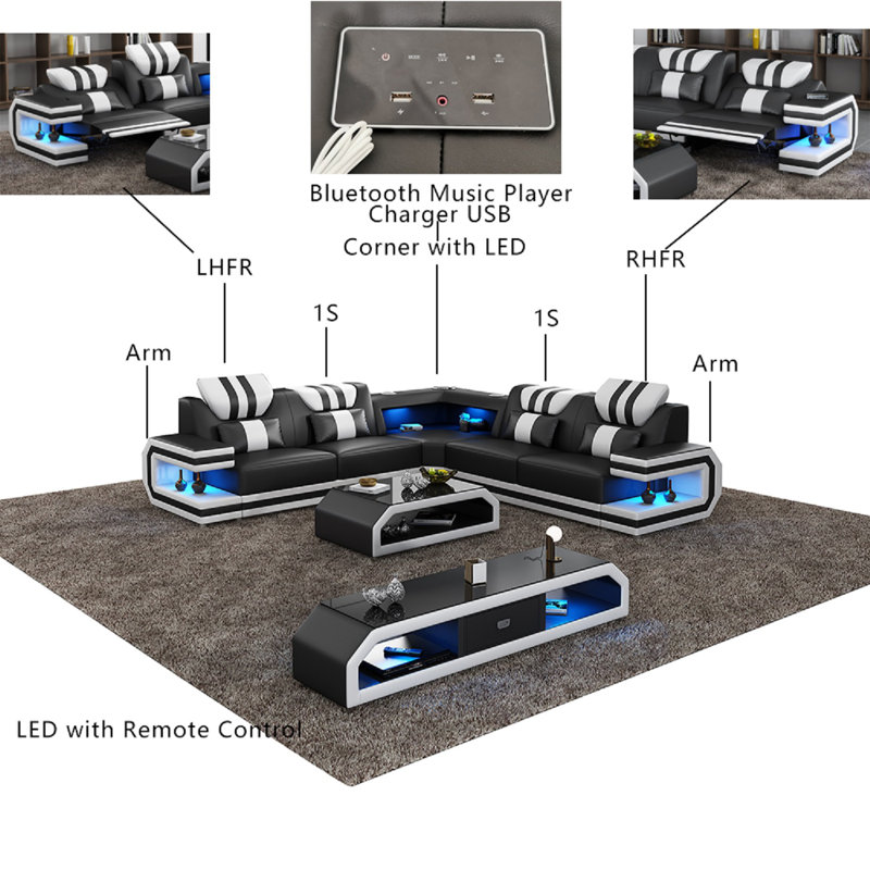 Lightsaber Sectional, Black/White Genuine Leather