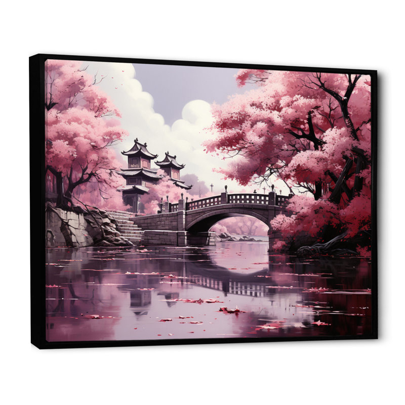 Art japonais, fleur de cerisier rose, pont, Japon, Cadre flottant noir, H 34 po x l 44 po x P 1,5 po