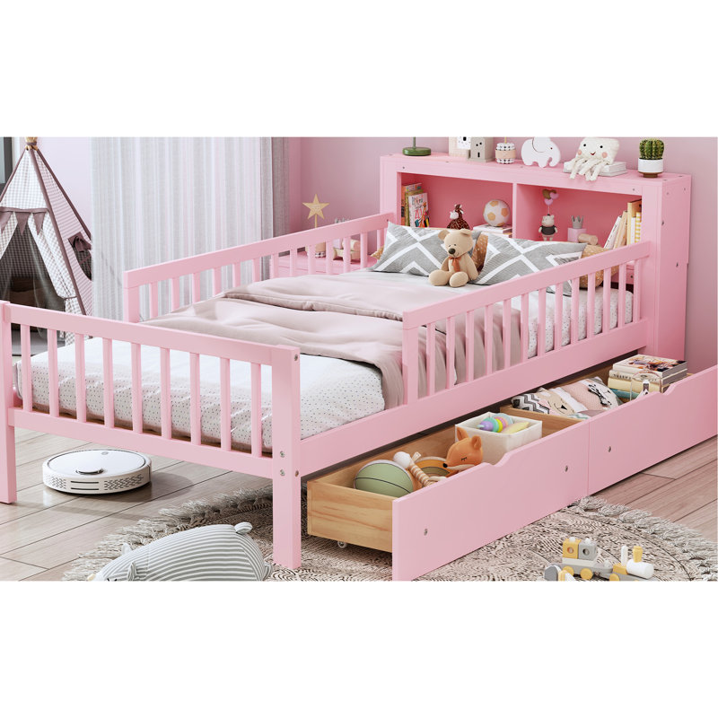 Lit simple rose avec base et tiroirs de rangement avec garde-corps sécurisés sous les tiroirs, Pink