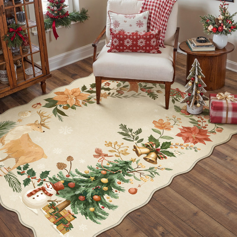 Tapis de Noël lavable à la machine avec antidérapant Noel, Beige, Rectangle 4'x 6'