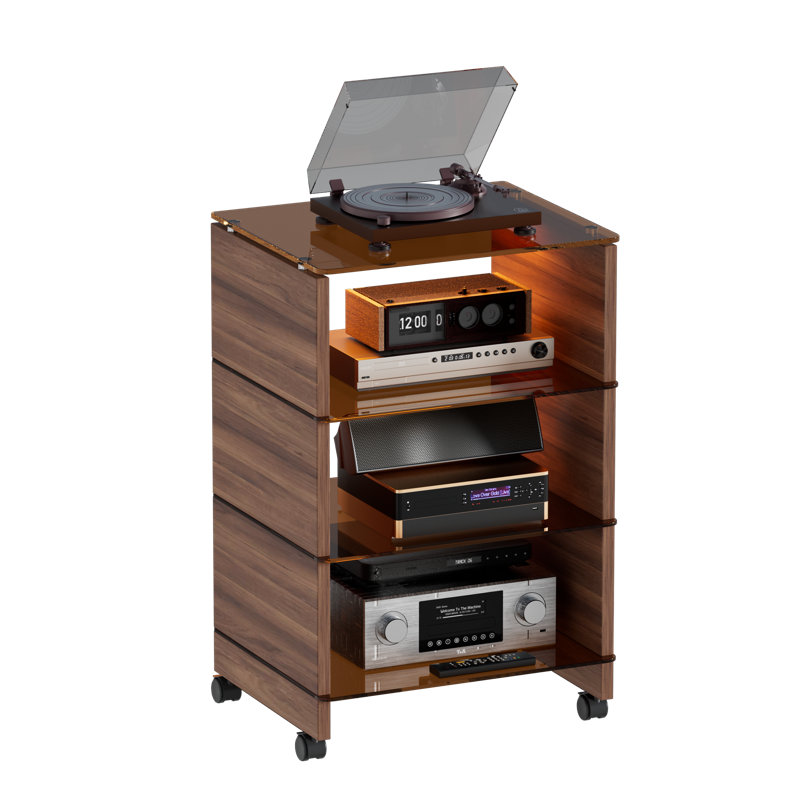 Tour à 4 niveaux pour support audiovisuel, support audio Hi-Fi avec roulettes verrouillables, lumières DEL et tablettes ouvertes en verre trempé, support audio roulant pour centre de divertissement