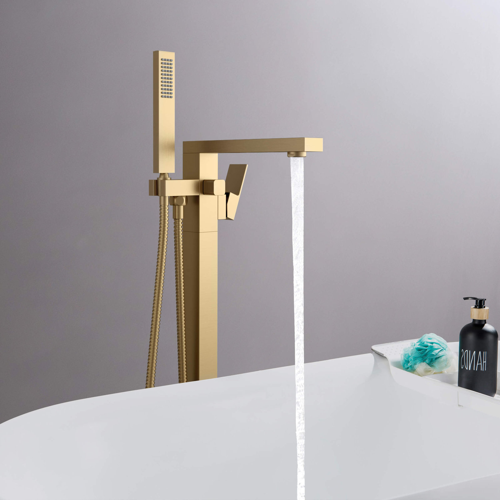 Cube Floor Tub Spout with Diverter, Brushed Brass