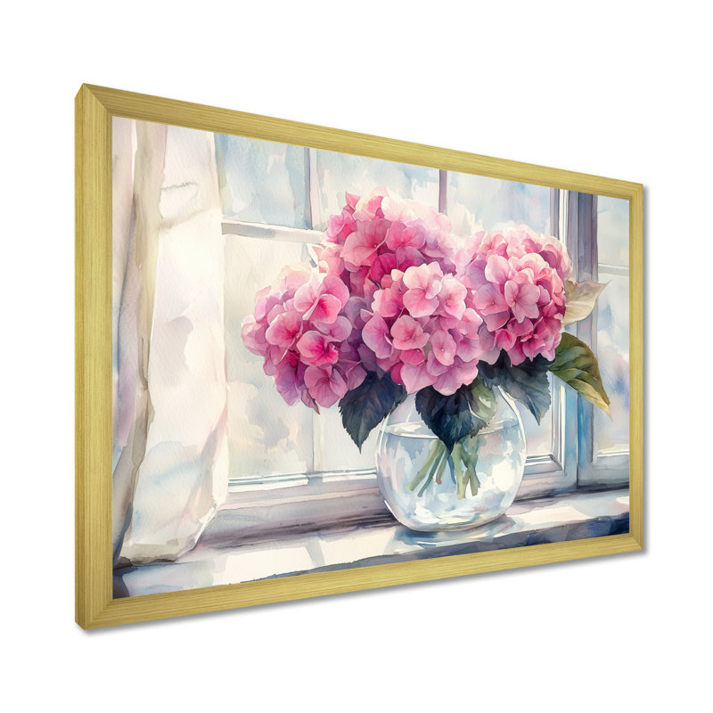 Irodita Hydrangea Bouquets By The Window II - Hydrangea Large Wall Art, Single Picture Framed Print, 16" H x 32" W, Gold