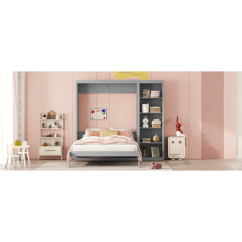 Lit escamotable mural avec tablettes Murphy, Gris, Lit double