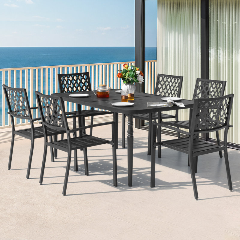 Ensemble de salle à manger de patio en métal avec 6 chaises empilables et trou pour parasol, noir, Noir, noir, noir, noir