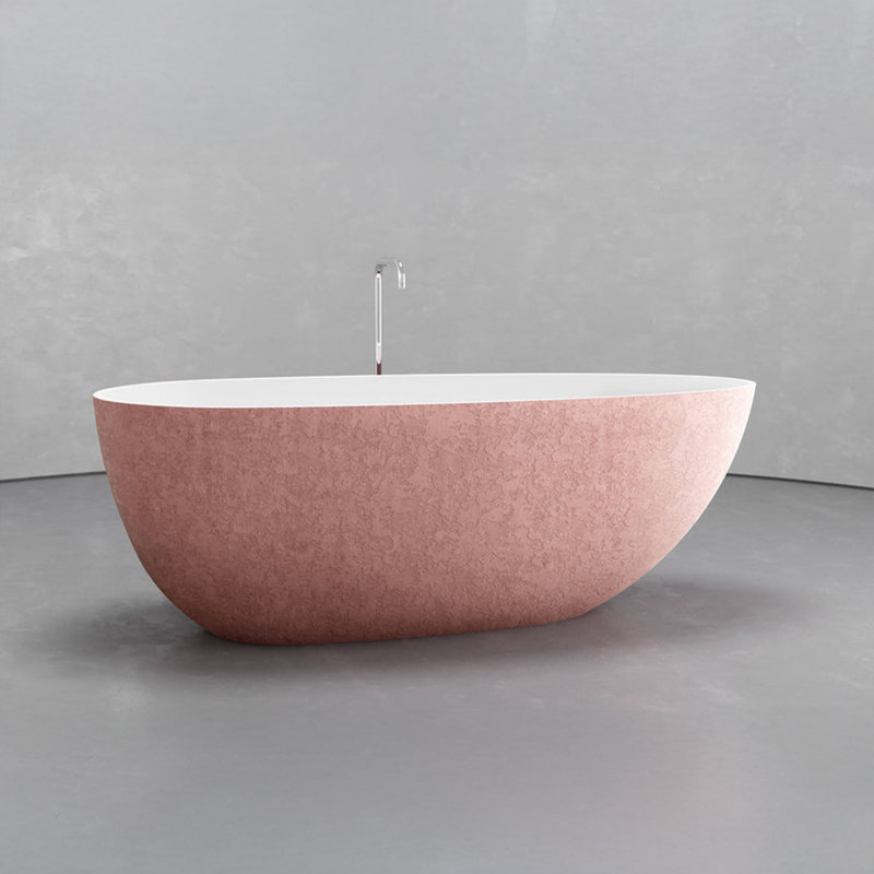 Vast Studio 62.8” x 30.3” Textured Blush Concrete Metallic Freestanding Oval Bathtub – Blush/White Deep Soaking Tub with Dual-Tone Interior & Exterior, Sculpted Modern Luxury Finish