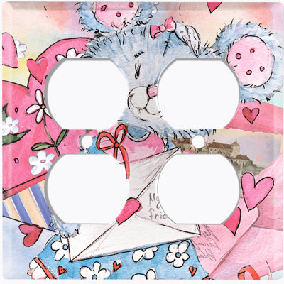 Metal Light Switch Plate Outlet Cover (Teddy Bear Love Letter Heart Flower - Double Duplex)
