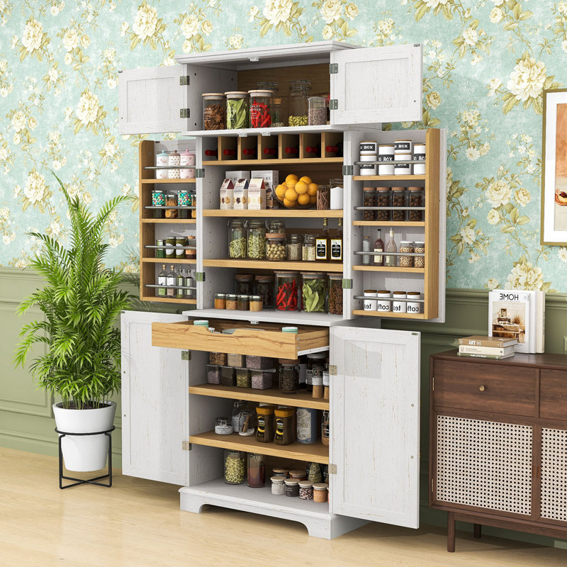 Armoire garde-manger haute avec support à vin, 4 tablettes réglables, tiroir caché et armoire polyvalente, Blanc rétro