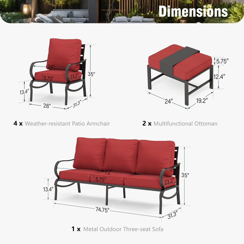 Elyne Outdoor Patio Conversation Furniture Set, Red