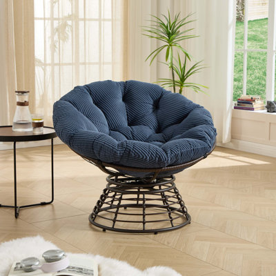 Fauteuil ergonomique confortable en osier Papasan, fauteuil pivotant à 360 ° pour l'intérieur et l'extérieur avec coussin épais et doux, idéal pour le salon, la chambre à coucher, la salle de lecture, cadre brun avec coussin bleu marine