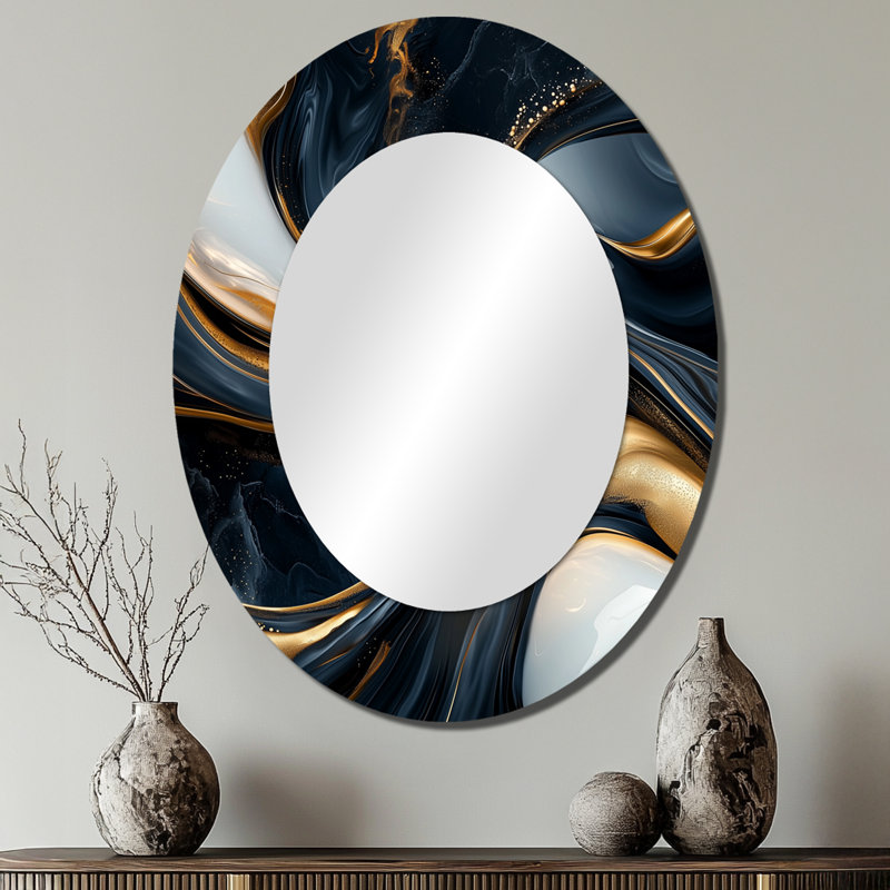 Gold And Black Captivating Marble II - Abstract Oval Decorative Mirror On Metal, 40" x 30"