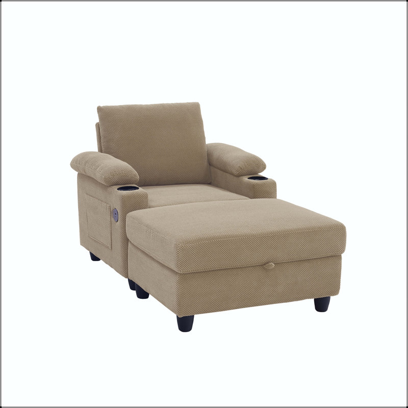 Fauteuil d'appoint convertible avec repose-pieds, porte-gobelets, ports USB et dossier inclinable, Tissu chameau