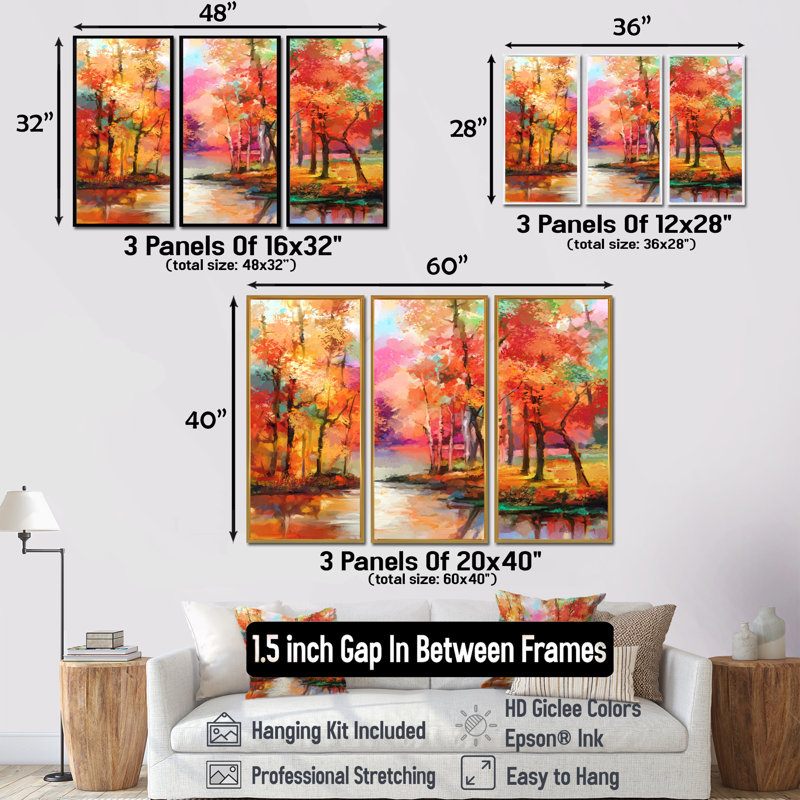Arbres colorés d'automne au bord du lac en automne - ensemble d'art moderne sur toile encadrée moderne de 3, Argent argent