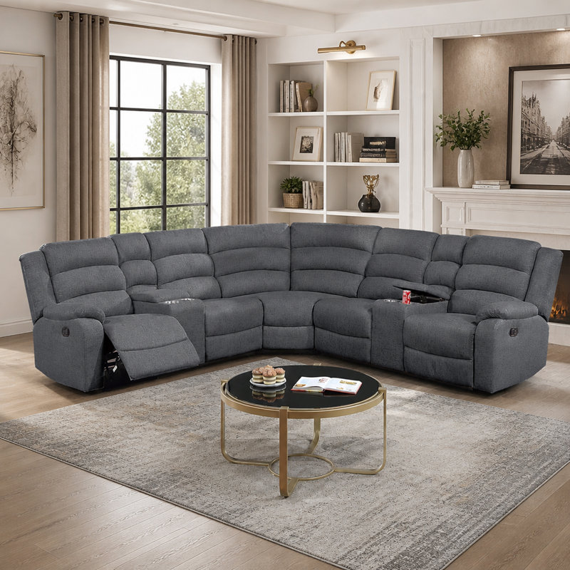 Ensemble de canapé modulaire inclinable 3 pièces manuel à mouvement manuel avec tissu en toile de jute gris foncé