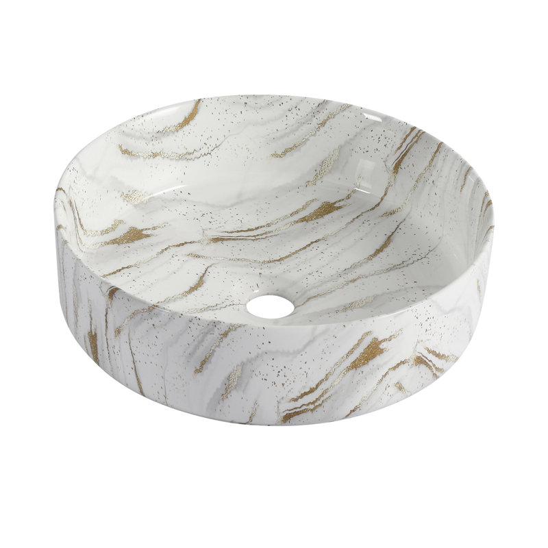 Bathroom's Above Counter Ceramic Sink With Golden Lines In White, Low Water Absorption, Stain - , 15.7 Depth, 4.7 Inches Tall Art For Bathroom, High Temperature Firing, Smooth Finish, Well Made,