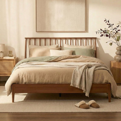Solid Bamboo Wood Spindle Platform King Bed With Tall Headboard, Mid-Century Modern Style, No Box Spring Needed, Durable And Stylish