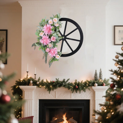 Couronne de roue de chariot, couronne de printemps et d'été, couronne de fleurs artificielle, couronne de tournesol jaune pour porte d'entrée, fenêtre murale, maison de campagne rustique, fête, décoration de maison
