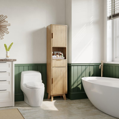 Armoire de rangement de 67 po de hauteur avec portes cannelées, armoire étroite en métal avec portes cannelées et tiroir, armoire mince avec comptoir ouvert pour salle de bain, salon, cuisine, salle à manger, naturel