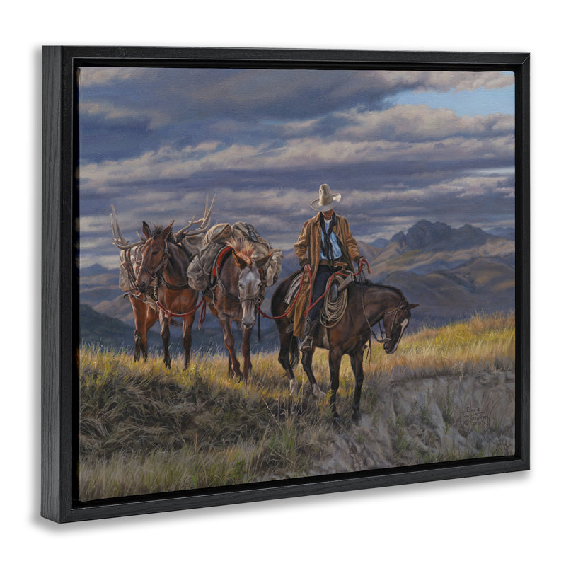 «Saancering Cowboy & Horses», art mural encadré par David Graham, Cadre flottant noir de jais, H 17 po x l 21 po