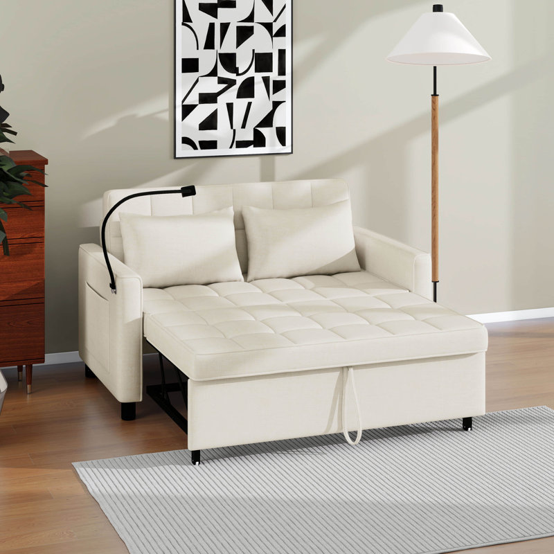 Canapé-lit convertible moderne de 56,9 po avec coussin de dossier réversible, poches latérales, deux ports USB et un support pour téléphone