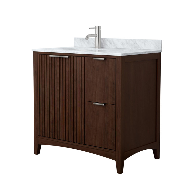 Meuble-lavabo simple autoportant 36 po avec plateau en marbre Palmilla, Brun, Nickel brossé