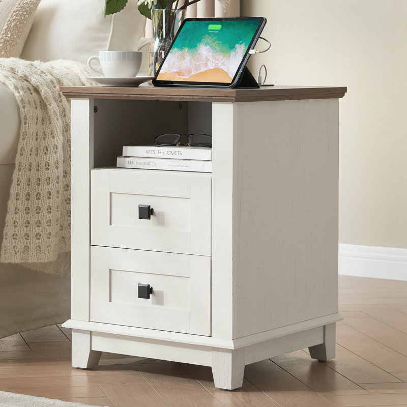 Ensemble de chambre à coucher de ferme 3 pièces avec cadre de lit de rangement grand format et 2 tables de chevet, blanc rustique