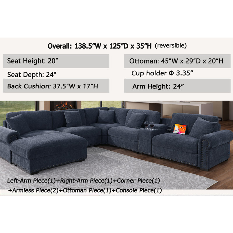 Errett Upholstered Corner Sectional with Storage & Cup Holder Console, 5 Throw Pillows, Dark Blue Polyester