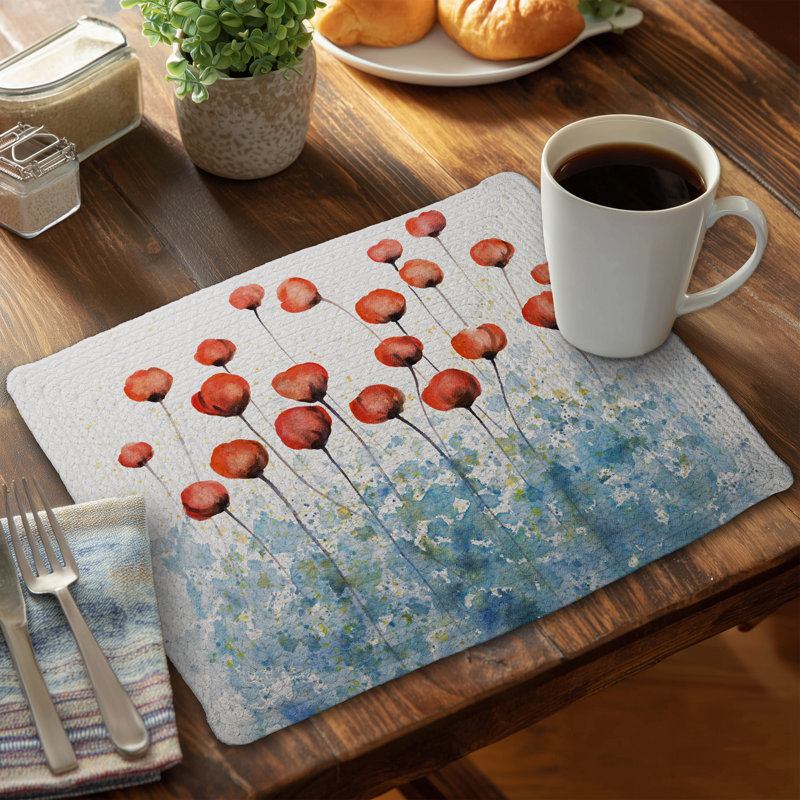 Botanical Blue Romantic Braided Placemat - Red Flowers Design