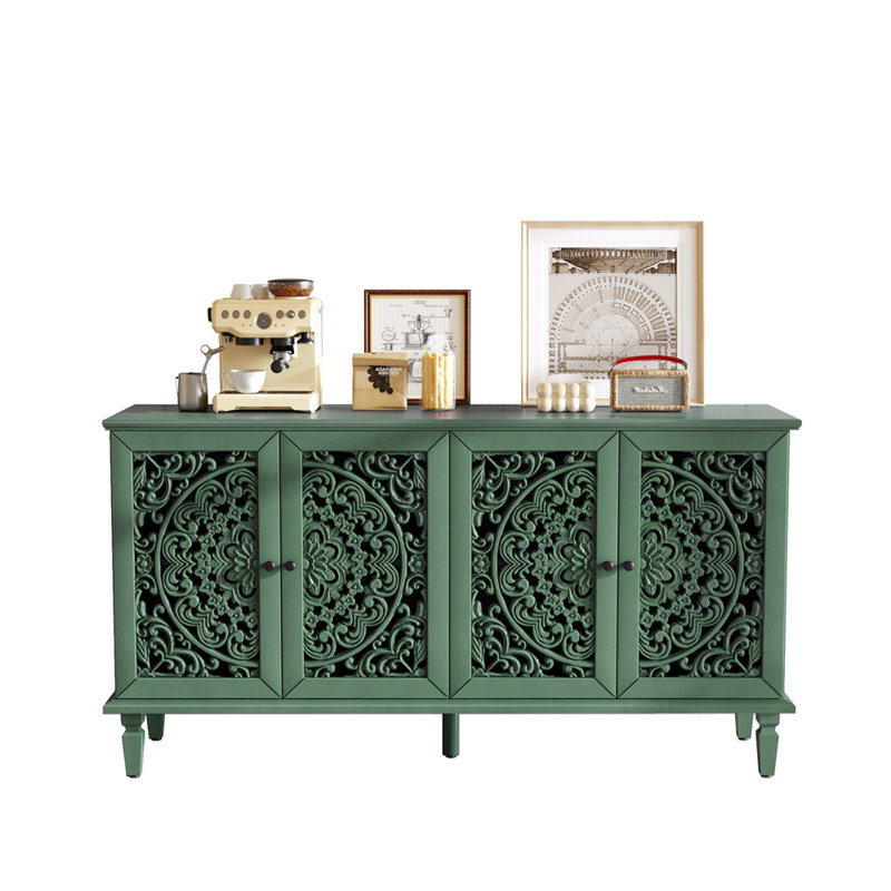 60" Buffet Cabinet with Floral Carvings and Solid Wood Legs, Antique Green