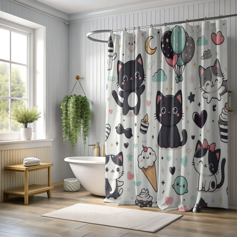 Rideau Diyala ronronnant en noir et blanc - Douche standard 1 pièce, H 74 po x l 40 po