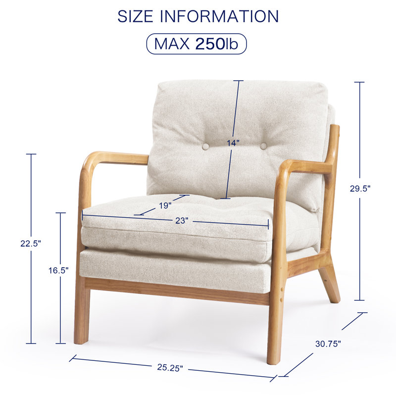 Fauteuil d'appoint avec coussin confortable comme un nuage et accoudoirs en bois, 100 % lin ivoire