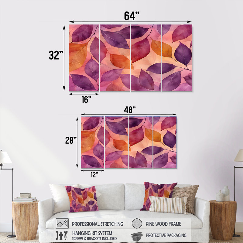 Nott - feuilles - feuilles - art mural traditionnel pour le salon, H 28 po x l 48 po, 4