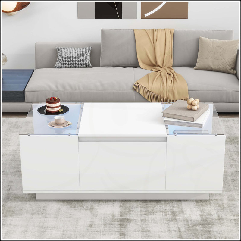 Table basse à DEL, centre de table avec finition brillante et plateau de table en verre, compartiment de rangement ouvert et 2 tiroirs cachés pour le salon