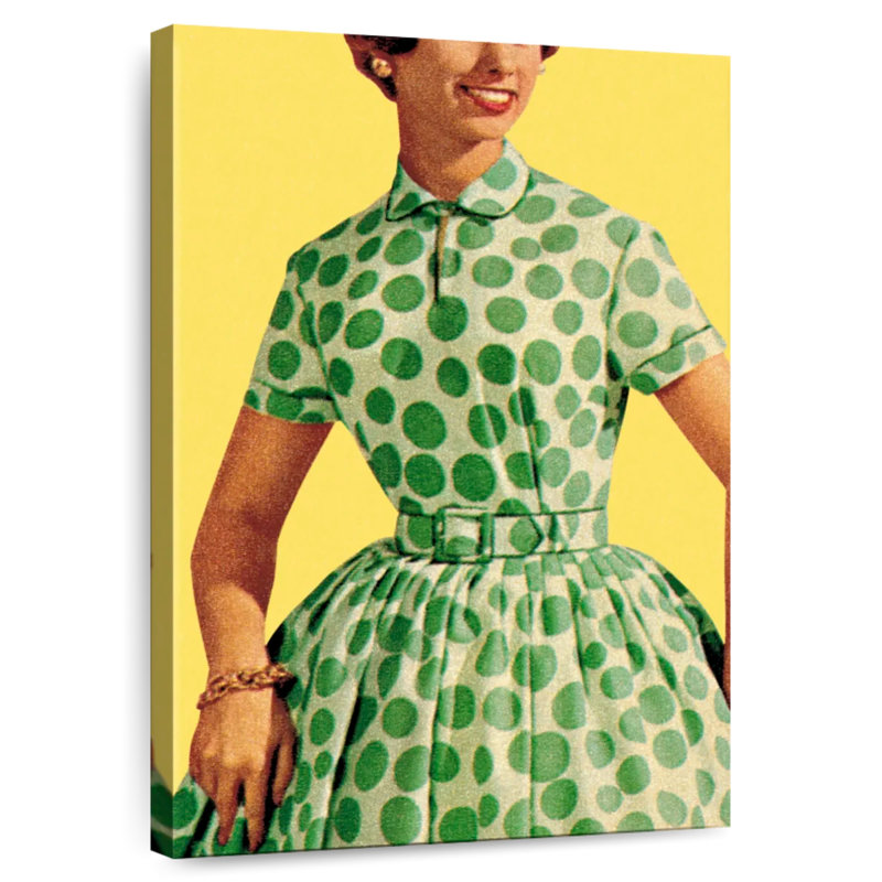 Sh Sholworth, femme en robe verte à pois, H 45 po x l 30 po