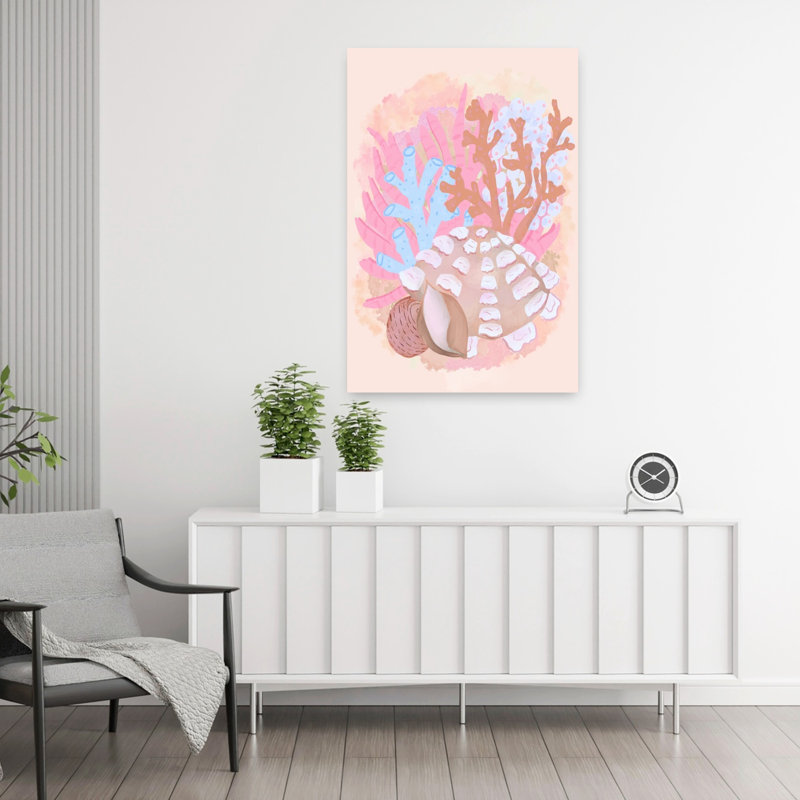 Doux corail, coquillages délicats, rêve, sérénité, art mural côtier, H 36 po x l 24 po