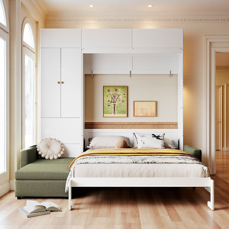 Grand lit escamotable avec canapé rembourré intégré et rangement, Blanc