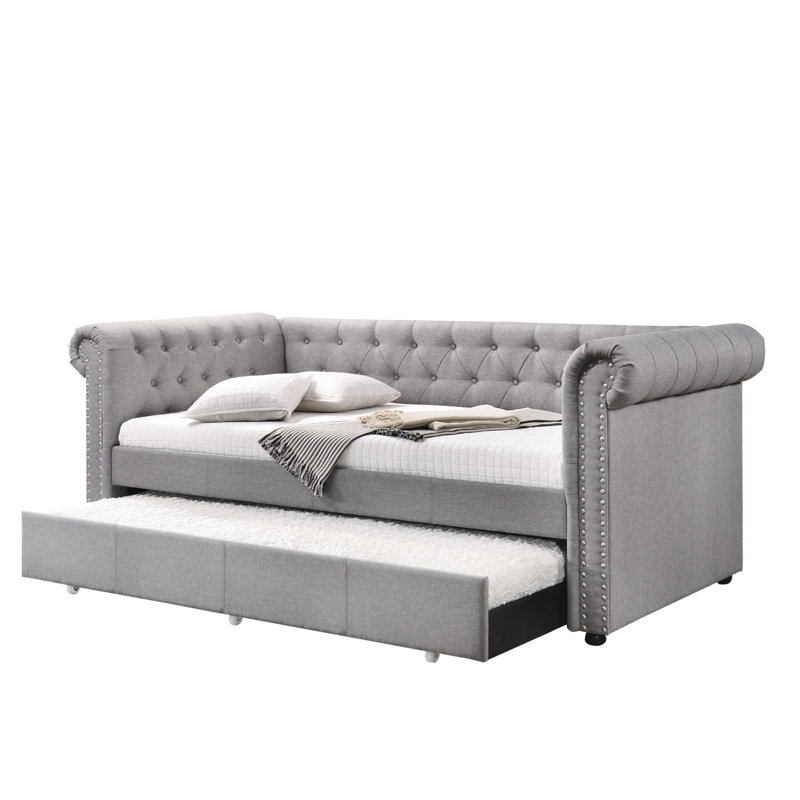 Twin Size Daybed With Trundle In Smoke Gray - Fully Padded, 43" Depth, 168 Lbs Weight Fabric Rolled Side Panels, 39" Height, 660lbs Load