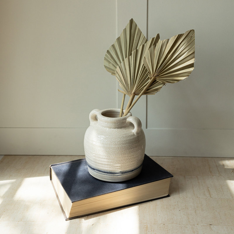 Gracie Oaks Vintage Crackle Vase with Handles Blue Stripe Stoneware