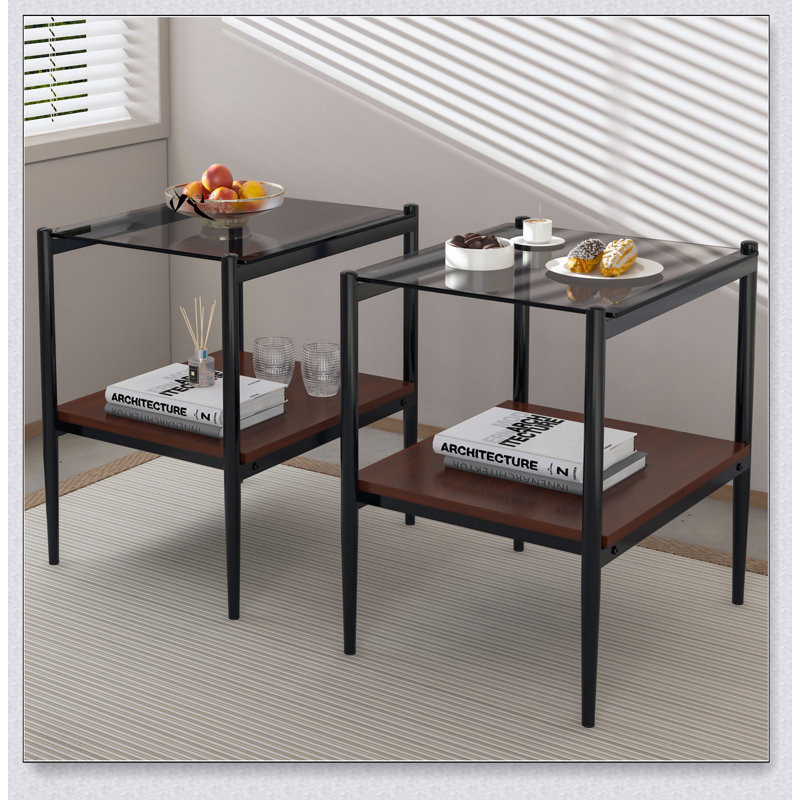 Ensemble de 2 tables de bout rectangulaires, plateau en verre trempé avec panneau de fibres à densité moyenne, table de salon moderne