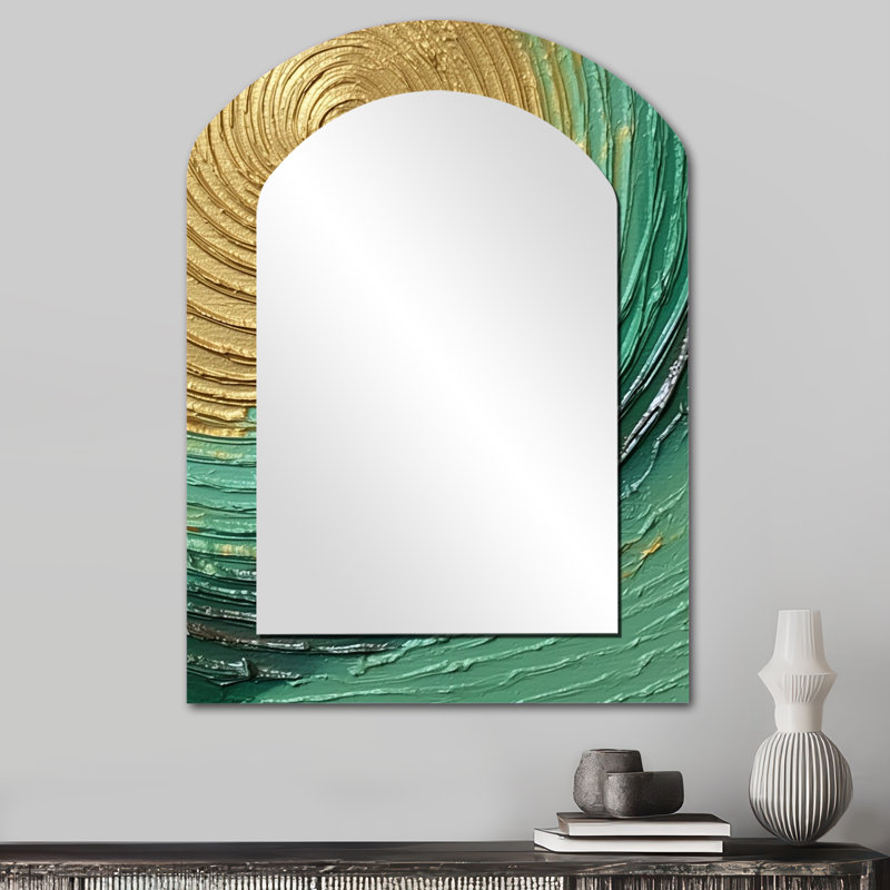 Gold Green Surreal Spirals - Abstract Spirals Asymmetrical Unique Mirror, Gold Arch Large Wall Mirror, Printed Metal Art