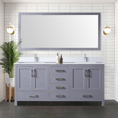 Ensemble de meuble-lavabo double gris foncé l 72 po x P 22 po, comptoir en quartz blanc et robinet