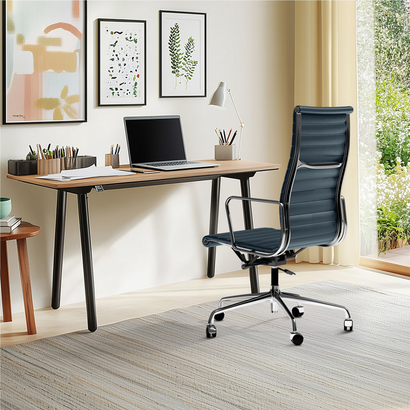 Fauteuil de bureau en cuir véritable, dossier mi-haut ou haut, avec accoudoirs et structure en aluminium, High Back, Blue