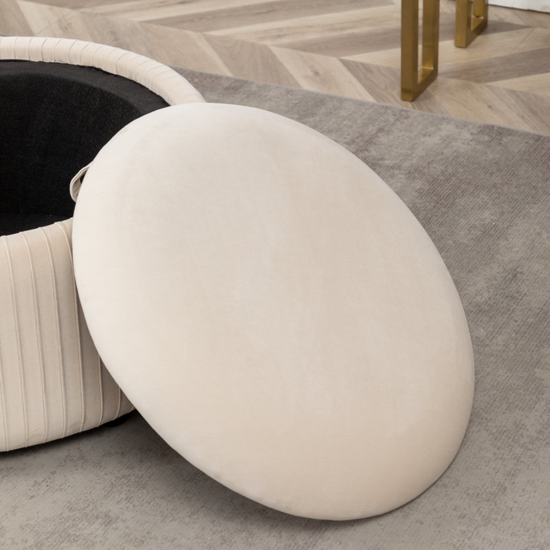 Savinien Upholstered Round Storage Ottoman, Beige Velvet
